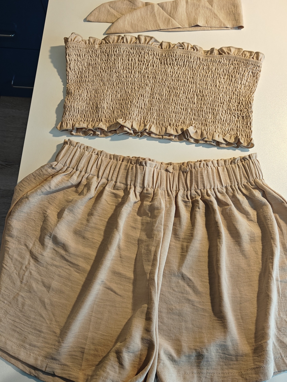 Beige Smocked High-Waist Women’s Flowy Shorts With Matching Tube Top.